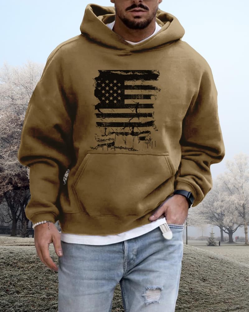 Camo Hoodies Men American Flag Printed Graphic Hooded Sweatshirt Long Sleeve USA Patriotic Vintage Pullover Tops