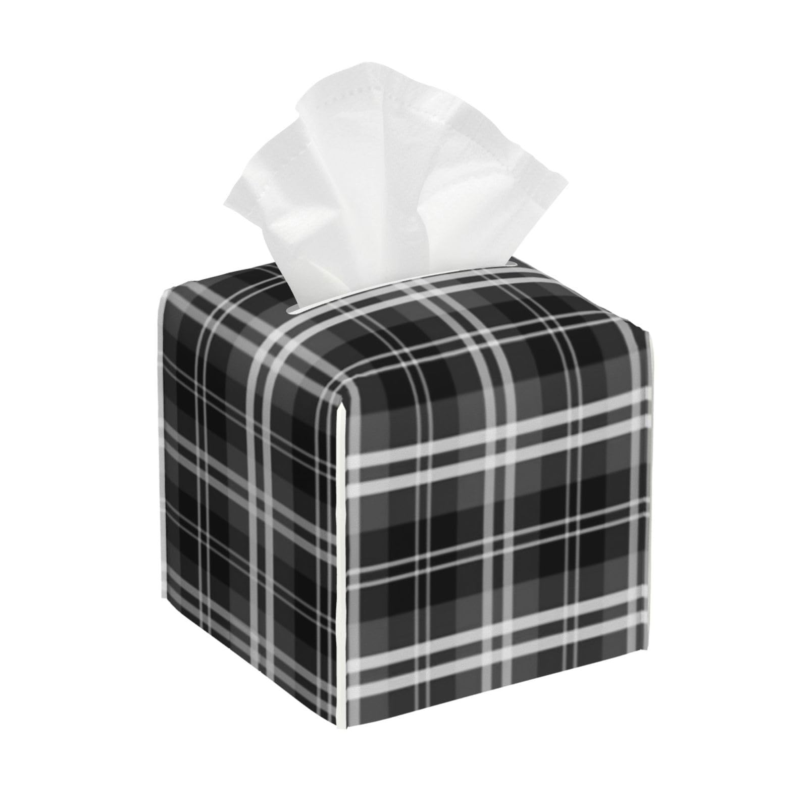 Classic Black and White Tartan Plaid Check Tissue Box Cover 5" Square Leather Tissue Holder Facial Tissue Case for Tabletop Bedroom Bathroom Desk Decor