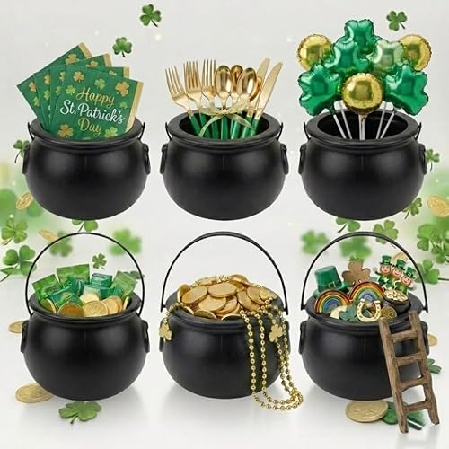 PMU Caldero de plástico negro para el Día de San Patricio de 8 pulgadas, caldero de plástico negro para el duende del día de San Patricio y Mardi