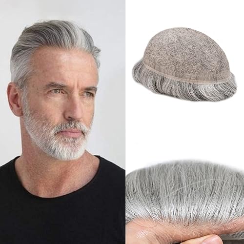 Miniatura 1 de Tupé para hombres, sistema de reemplazo de piezas de cabello humano real, cabello humano completo, suave, encaje frontal suizo para hombres, pieza