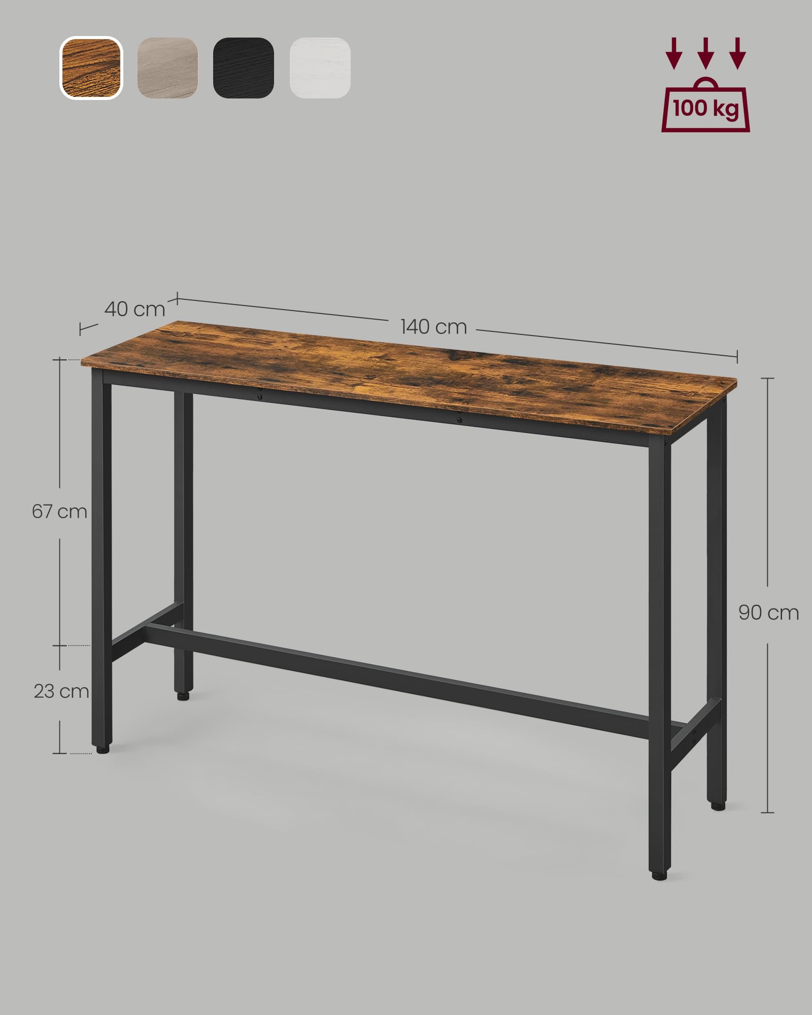 VASAGLE Tavolo da Bar Rettangolare Stretto, Tavolo da Cucina, Tavolo da Pranzo, Telaio in Metallo, 40 x 140 x 90 cm, Facile da Montare, Design Industriale, Marrone Vintage e Nero Inchiostro LBT140B01