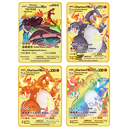 kekafu 4Pcs Charizard Pokemon Metal Gold Plated Card- Ultra Rare Pokemon Cards Metal Card V Card/Vmax/EX/DX Collection Cards Gift Kids, Come with 4Pcs Exlusive Card Sleeves