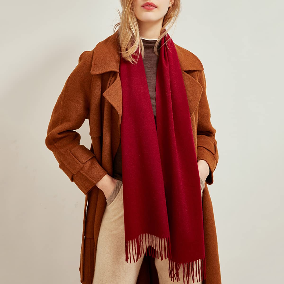 YUONNY 100% Cachemira Bufanda Larga con Flecos para Hombre Mujer, Super Suave Cálido Pañuelo Borla, Unisex Otoño Inverno Bufanda Elegante de Color Sólido para Amantes, Regalo Invierno Burgundy F