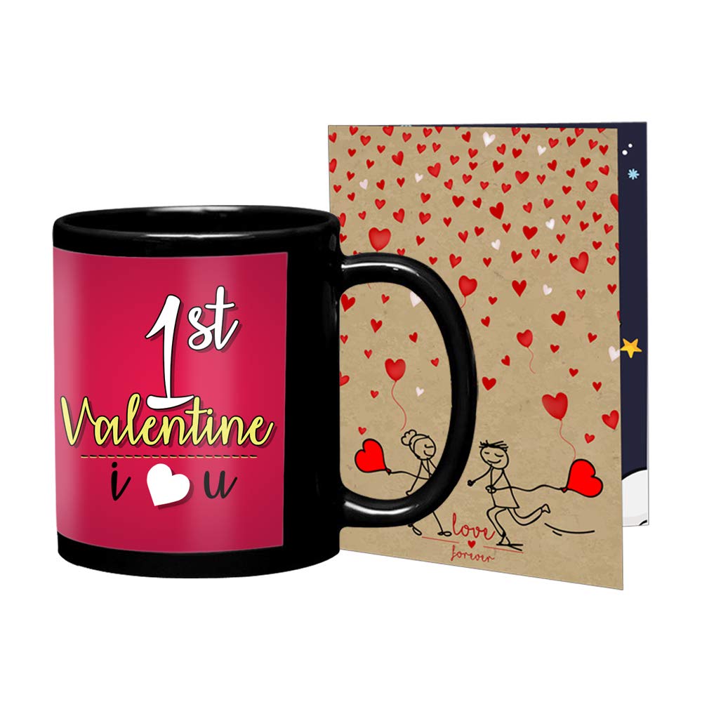L.O.F Lords of Fashion First Valentine Combo of Black Ceramic Mug with Greeting Card (L-3, Multicolour)