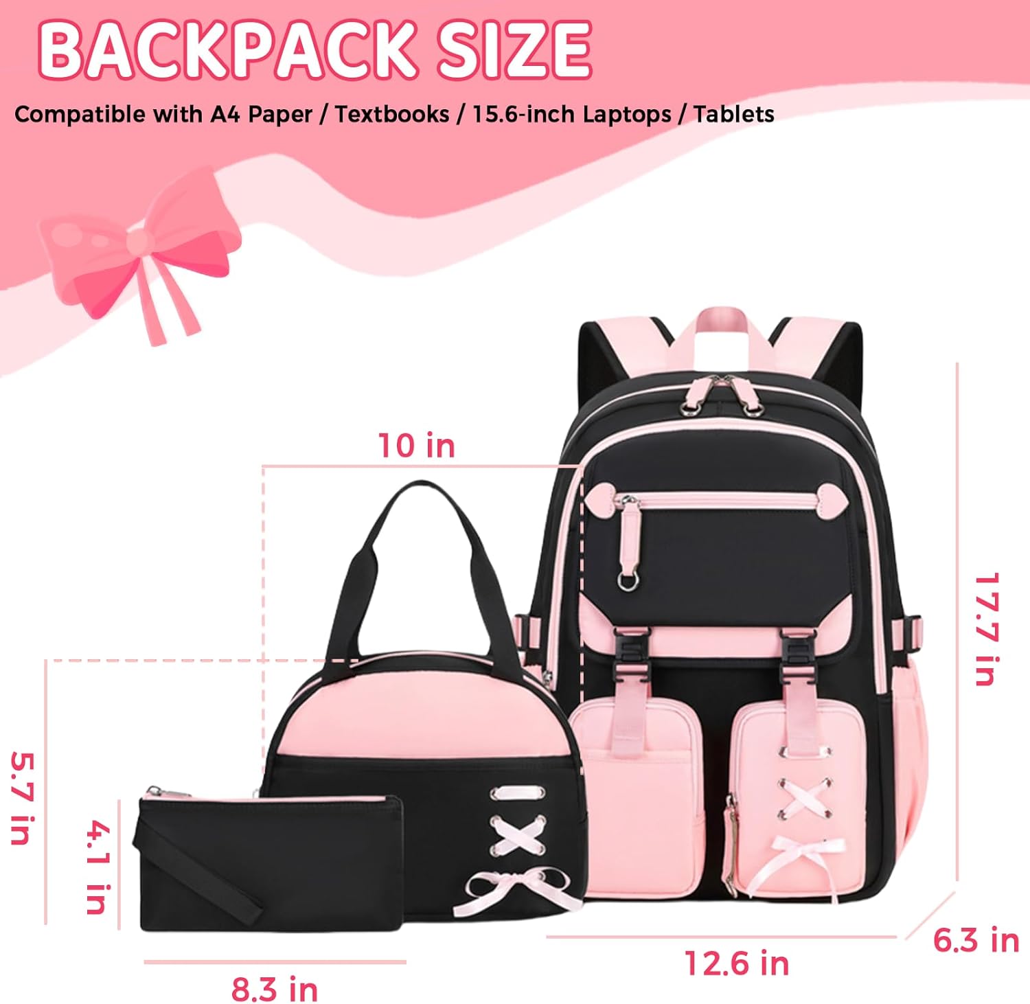 3pcs Cute Aesthetic Girls Backpack with Lunch Box Pencil Case Set, Elementary Middle High School Student Book Bag for Kids Teens, Large Capacity Kawaii Preppy Bow Tie Bookbag