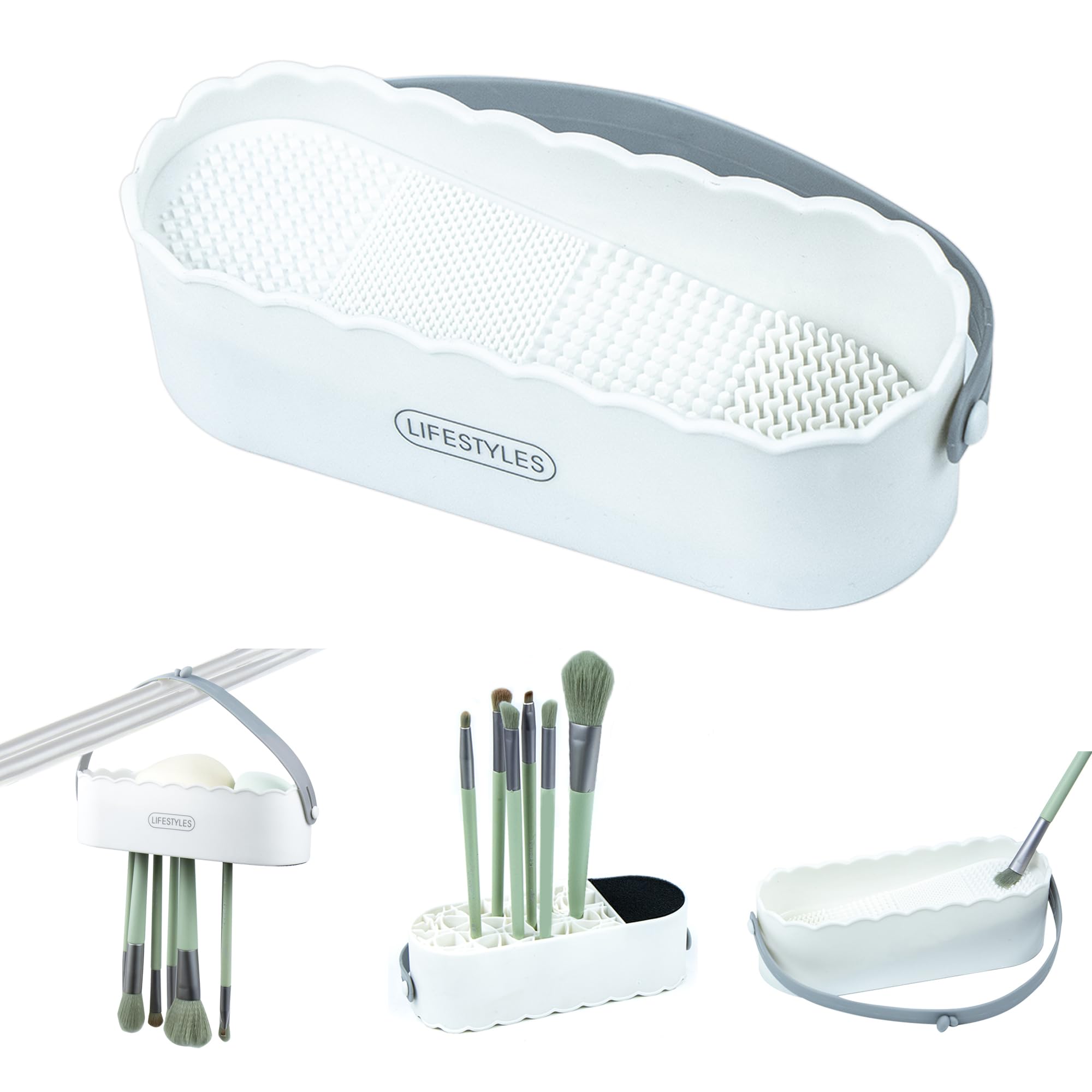 Limpiador Brochas de Maquillaje, 4 en 1 Estera de Limpieza de Cepillo, Limpiador de Pinceles de Maquillaje para Limpieza, Secar y Guardar Brochas de Maquillaje y Esponja (Blanco)