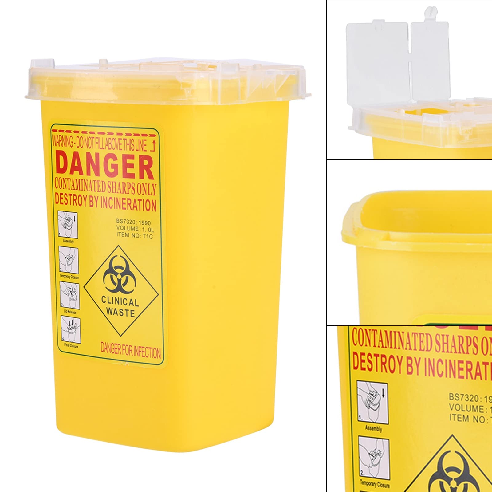 Bote de basura de tatuajes, Contenedor de aguja de tatuaje, Contenedor afilado de plástico médico tatuado, Caja de Residuos de Agujas de Contenedor de Objetos Punzantes 1L (amarillo)