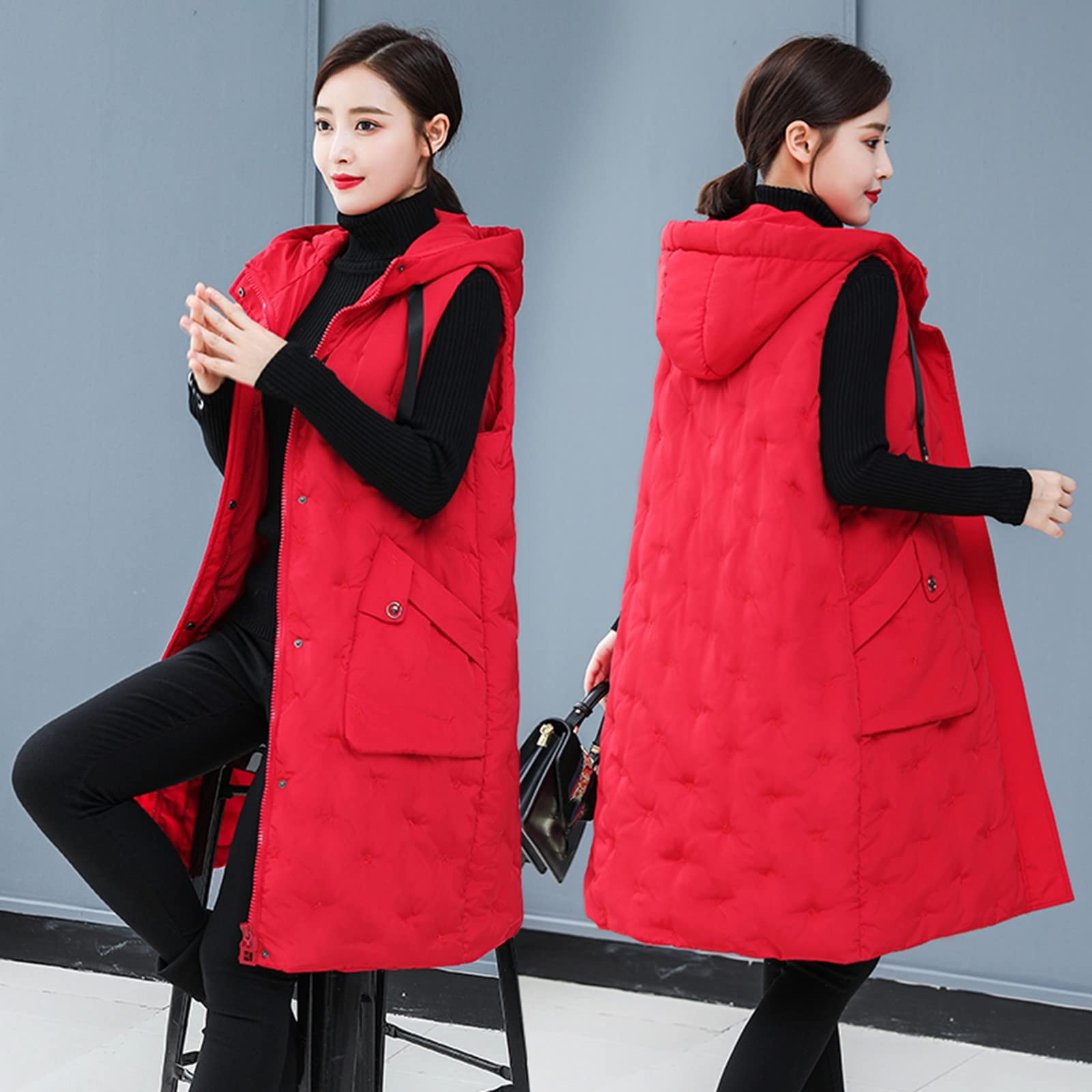 Chaleco con capucha para mujer de longitud media, chaleco acolchado con cremallera para mujer, chalecos casuales de moda de color sólido, chalecos versátiles ligeros y cómodos, chalecos cálidos con