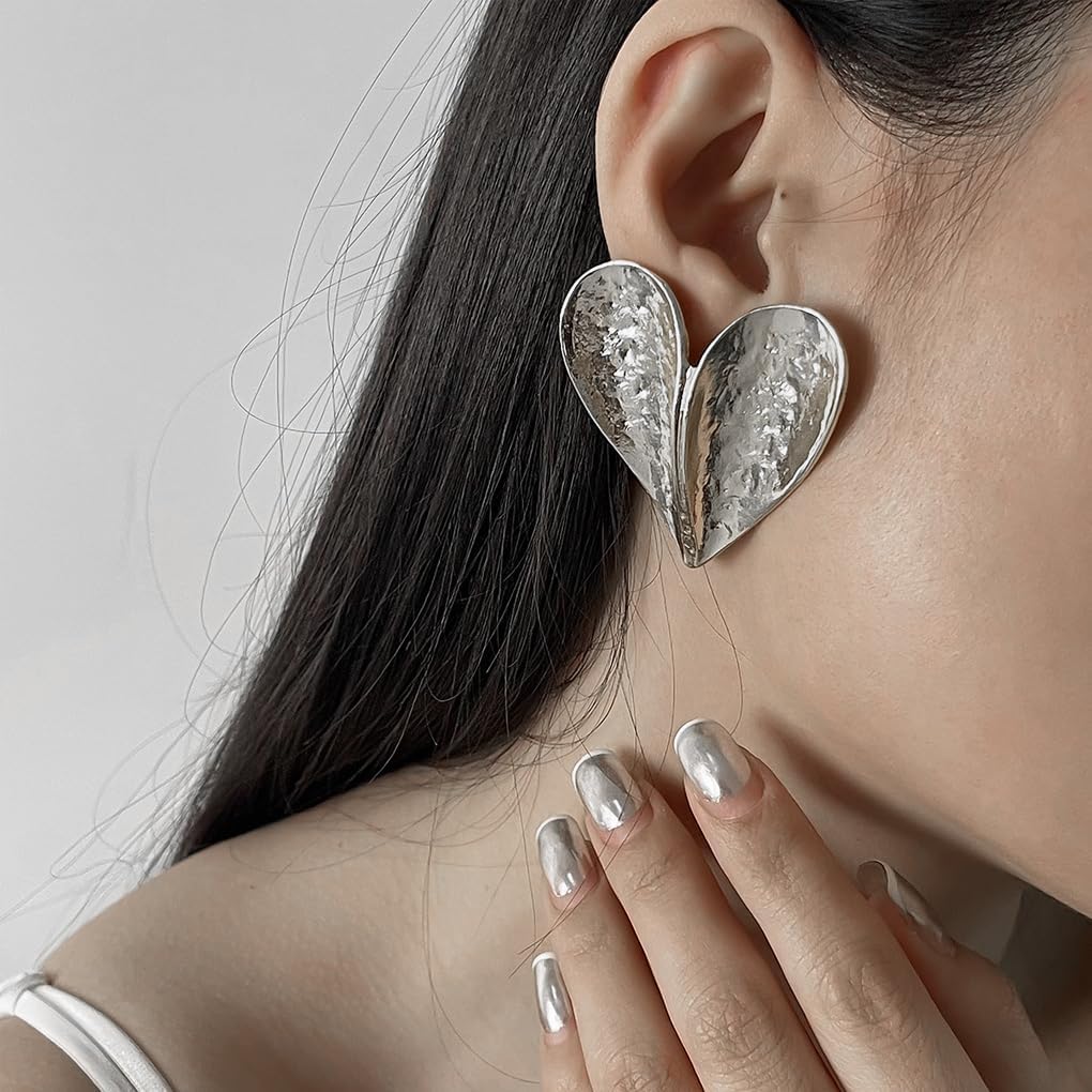 Gold Heart Stud Earrings for Women,Chunky Silver Hammered Big Drop Earrings Fashion Love Statement Dangle Earring,Boho Heart Jewelry Accessories Gift - Image 4