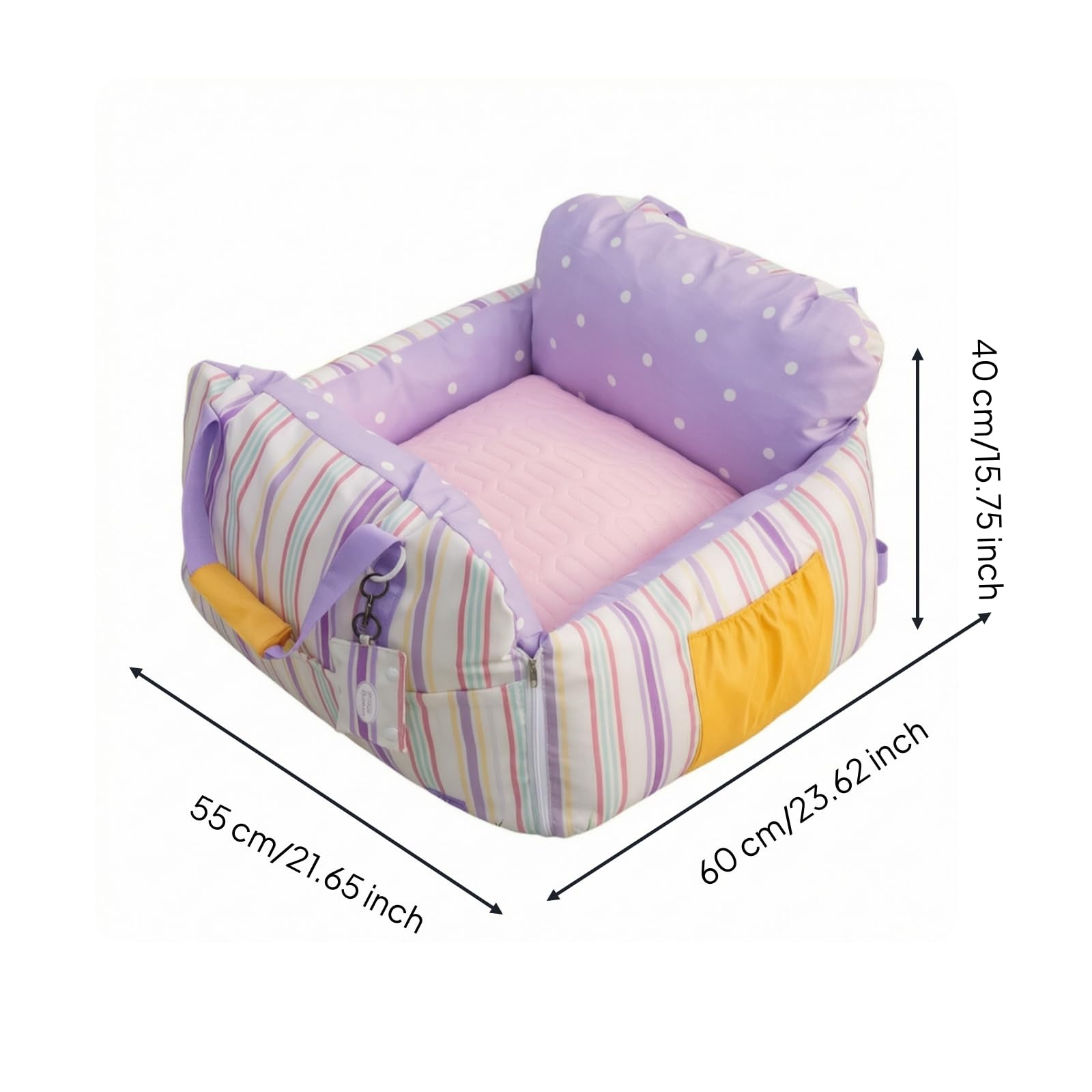 KESOTO Cuscinetto Sedile Veicolo Letto Seggiolino Booster Cuccia con Fronte Aperto Maniglia Cinghia Tessuto Oxford Lattice Cotone PP Adatto per Viaggi Guida, Viola Selene, L Consigliato Entro 7,5 Kg