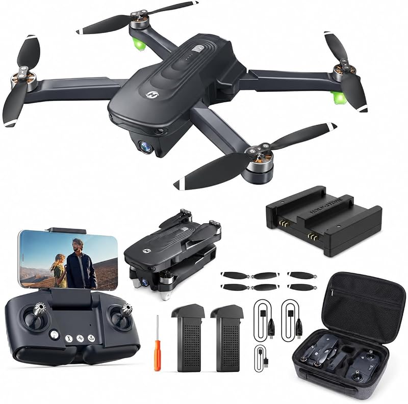 HS175D y paquete de cargador de batería dual, dron FPV plegable para adultos principiantes con retorno automático, sígueme, motores sin escobillas, 2 baterías y estuche de transporte