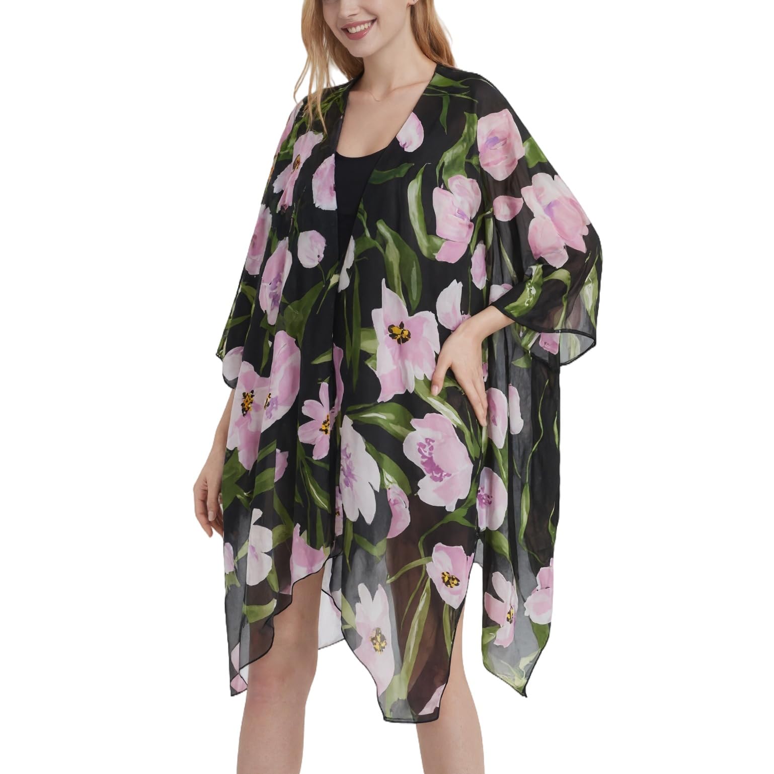 Cardigan kimono en mousseline de soie à imprimé floral pour femme, cardigan ample décontracté long bohème transparent