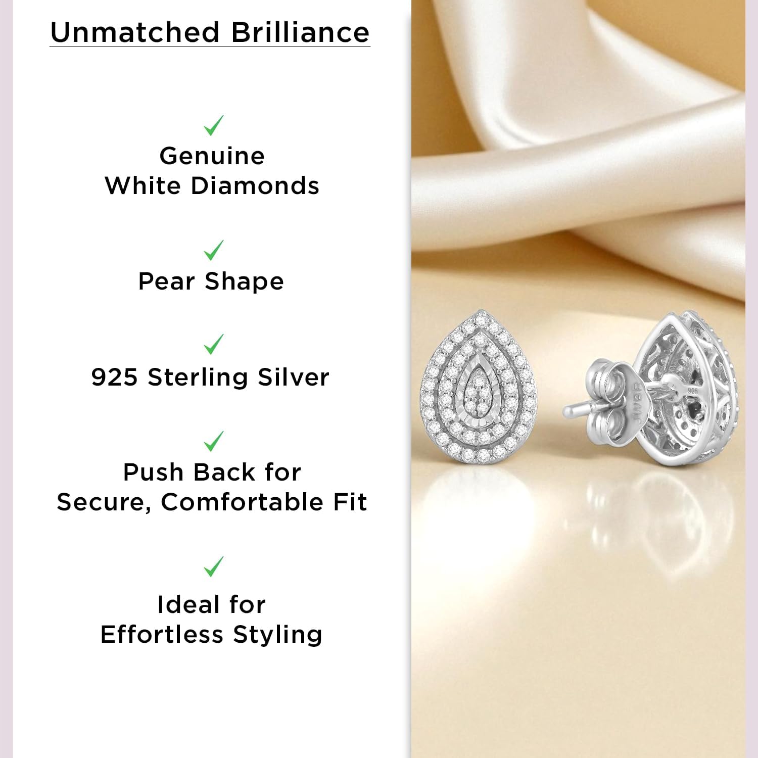 Jewelili 925 Sterling Silver Stud Earrings for Women | 1/4 CTW Diamonds | Choice of Heart, Cushion, Pear or Round shape in Black, Blue, or White Diamonds | Push Back Post | Fine Jewelry Gift for Her
