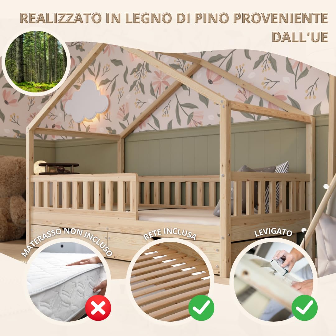 Letto Montessori a Pavimento 200x120 cm Legno Naturale con Cassetti