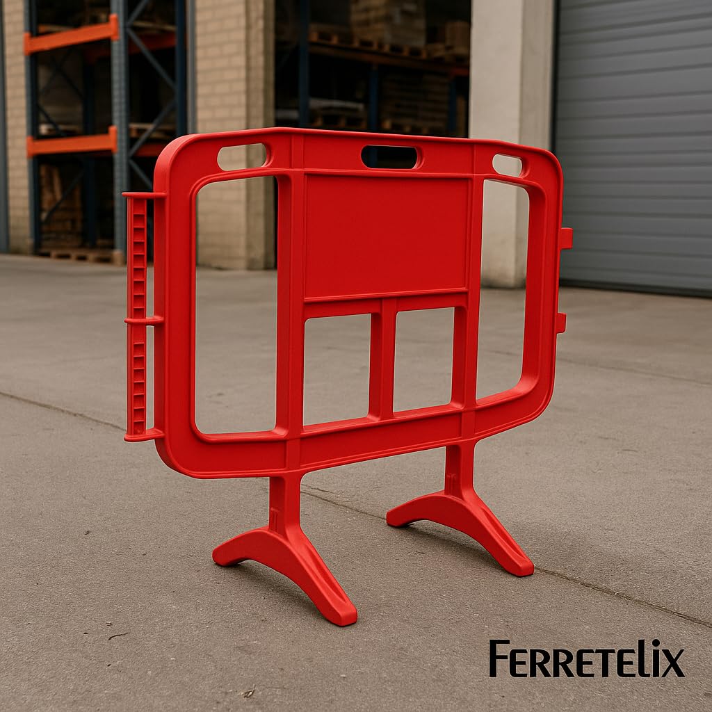 FERRETELIX® Valla plástico PVC roja 1,26 m (Kit de 3 unidades) con patas giratorias – Ligera y resistente para señalización temporal