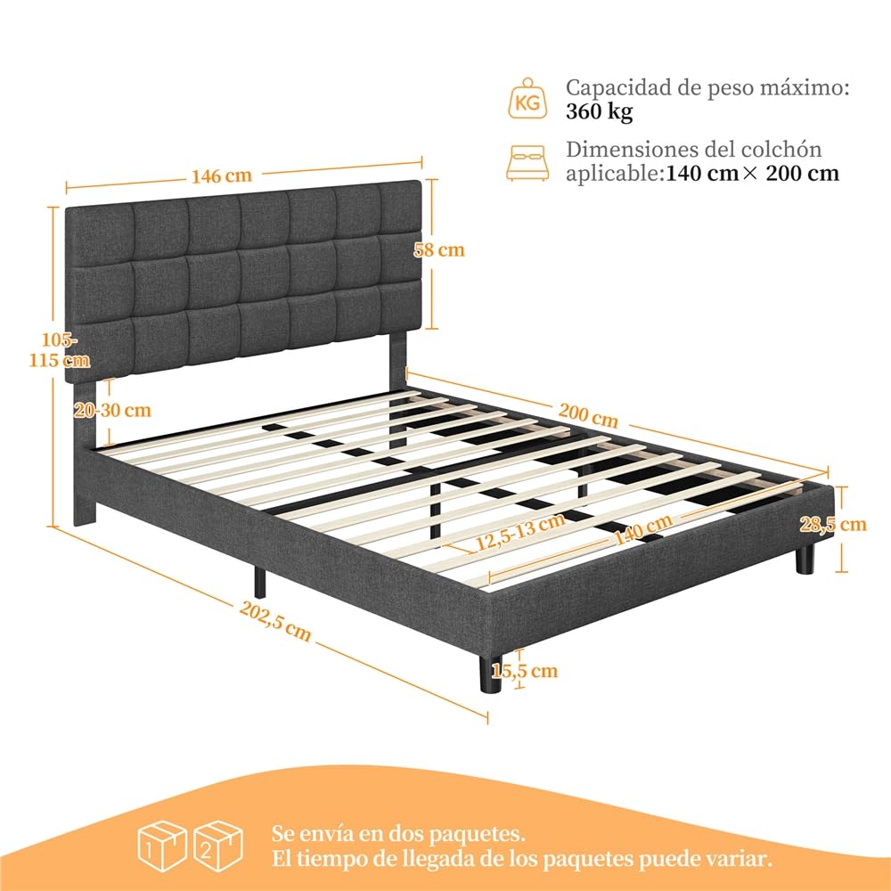 Yaheetech Marco de Cama Tapizada de 140 x 200 cm Camas de Matrimonio con Cabecero Regulable en Altura Estructura Estable con Listón de Madera, Color Gris Oscuro