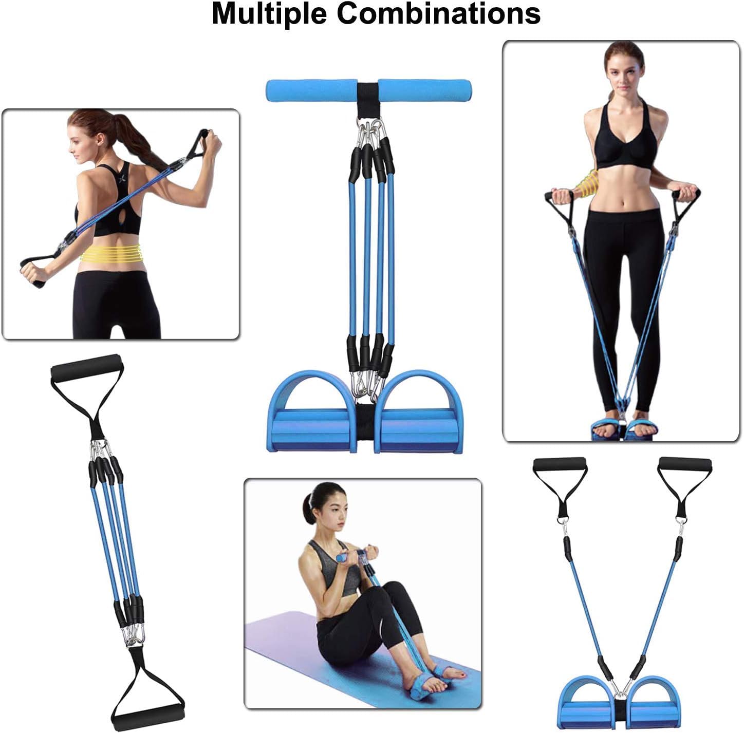 Foot Stirrup Puller, Sit Up Exercise Equipment Abdominal Abs Workout, Pedal Resistance Bands, 4-Tube Multifunction Fitness Tension Rope (Blue)