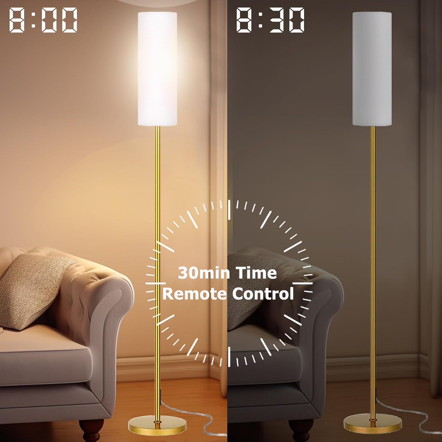 Smart LED Floor Lamp with APP Control & RGB Colors - Dimmable Standing Lamp for Living Room, Bedroom, Gaming - Remote, Timer, 9W Bulb Included, 67" Modern Tall Lamp (Gold)