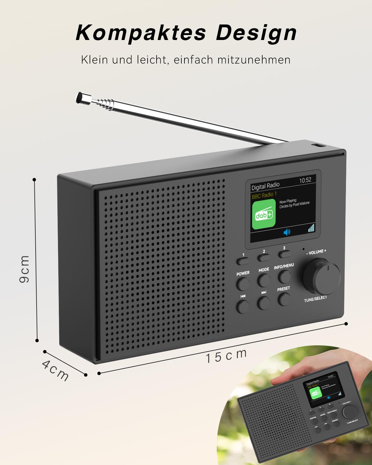 Tragbarer DAB DAB+ Radio mit Bluetooth FM USB/TF Player 2,4" Farbdisplay | 80 Voreinstellungen, 2000mAh Akkubetrieb für 12 Stunden Spielzeit, Unterstützung MicroSD/TF/AUX Anschluss, Alarmfunktionen