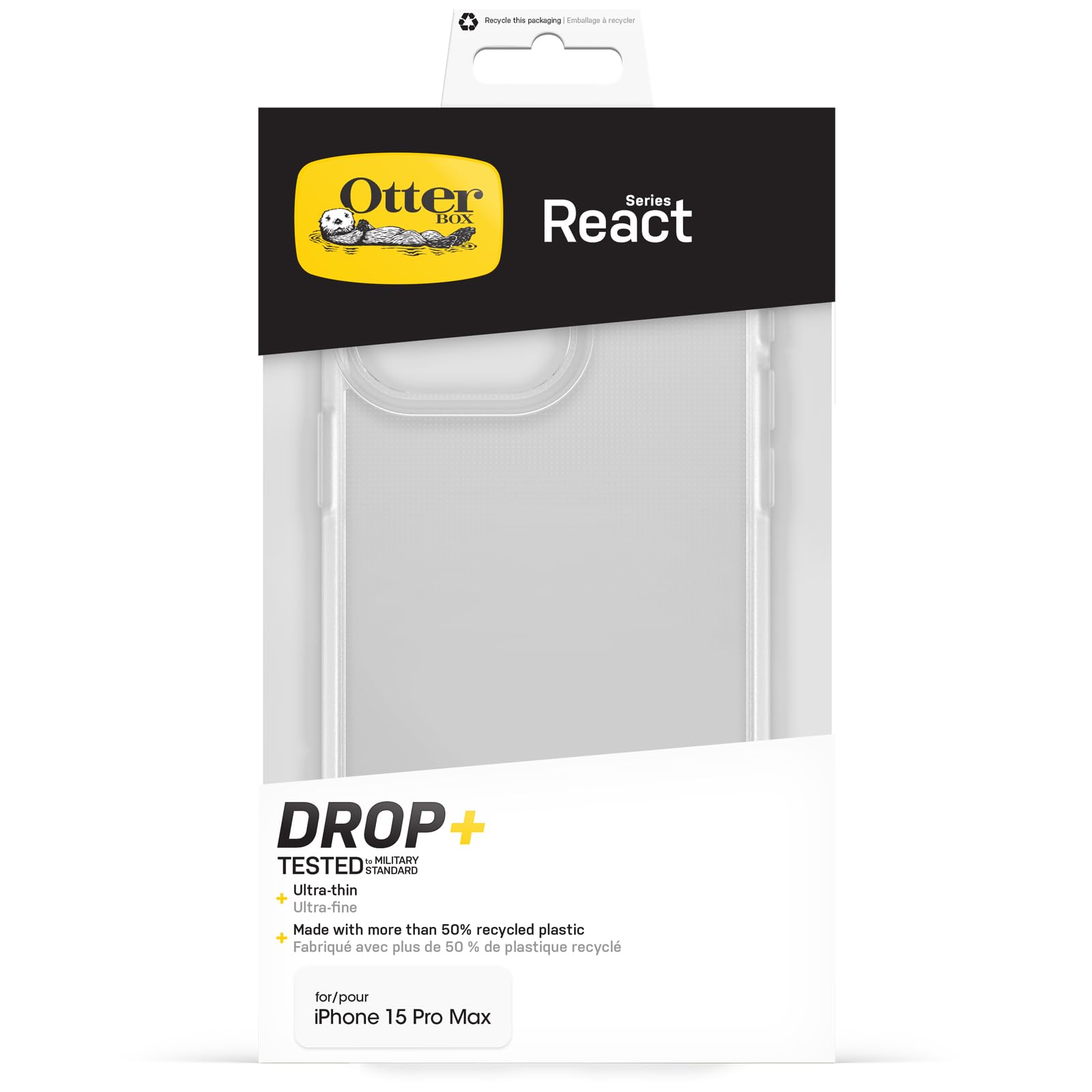OtterBox React Series Etui do iPhone 15 Pro Max, Odporne na Wstrząsy i Upadki, Przetestowane Zgodnie ze Standardami Wojskowymi, Przezroczyste