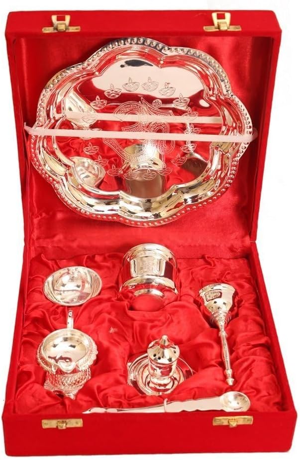 Indian Art Villa Om Design Silver-Plated Pooja Aarti Thali for Poojan Purpose -Set of 7 Pieces