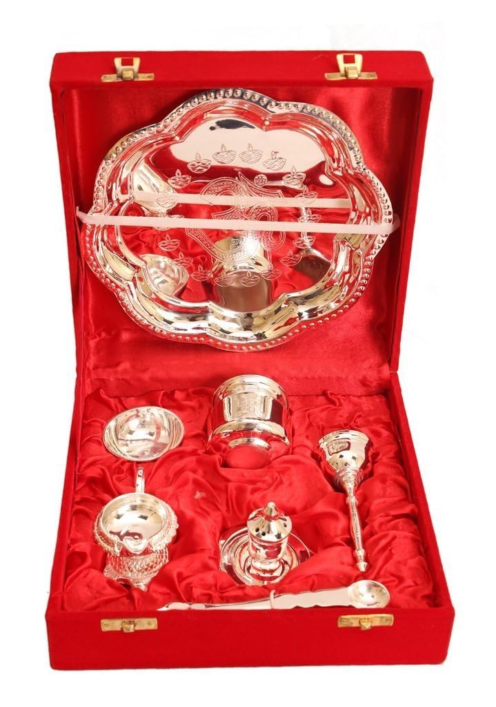 Om Design Silver-Plated Pooja Aarti Thali for Poojan Purpose -Set of 7 Pieces