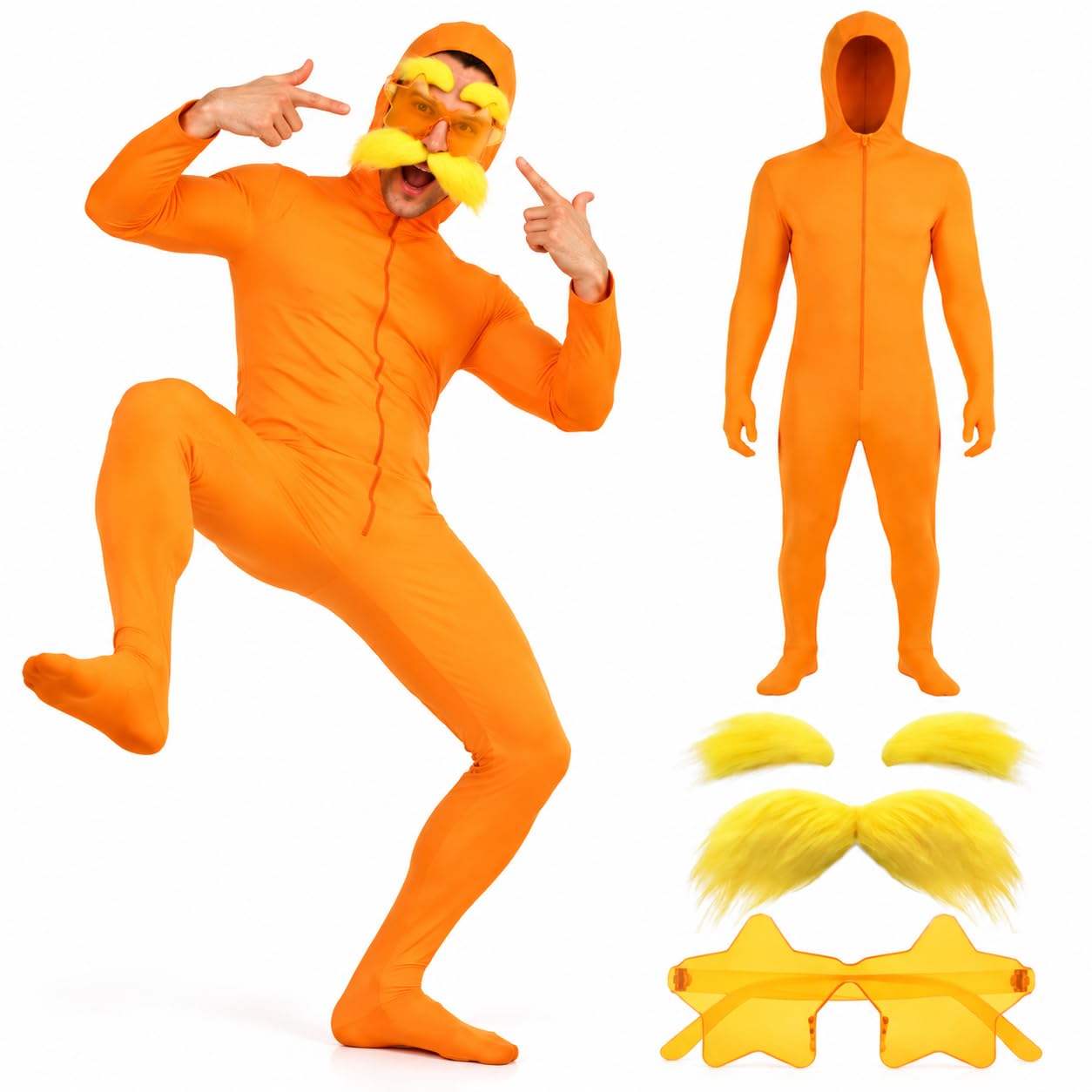 Orange Bodysuit Halloween Costume with Yellow Mustache and Eyebrows etc — image 1