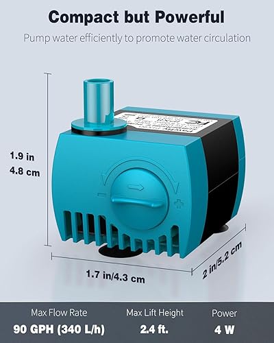 Miniatura 2 de Pawfly Bomba de agua sumergible de 90 GPH de 4 W, mini bomba de agua con altura de elevación de 2.4 pies, bomba de agua ajustable silenciosa para