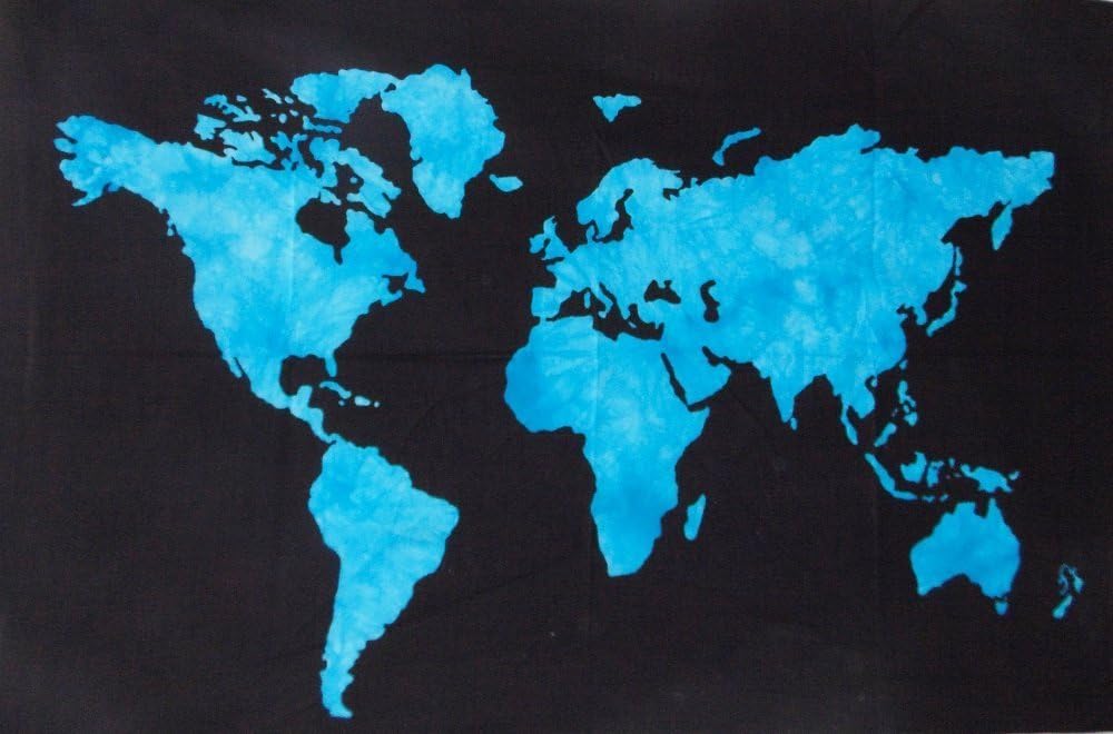Harsh House Fashions Bohemian Psychedelic Tie Dye World Map Printed Small Tapestry Wall Hanging Decoration (Turquoise, 40 X 30 inches)