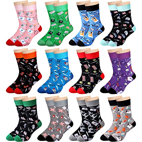 Didaey 12 Pairs Novelty Nurse Socks Bulk for Women Men Funny Nurses Week Appreciation Gifts Medical Themed Cotton Crew Socks for CNA RN Healthcare Worker Appreciation Gifts