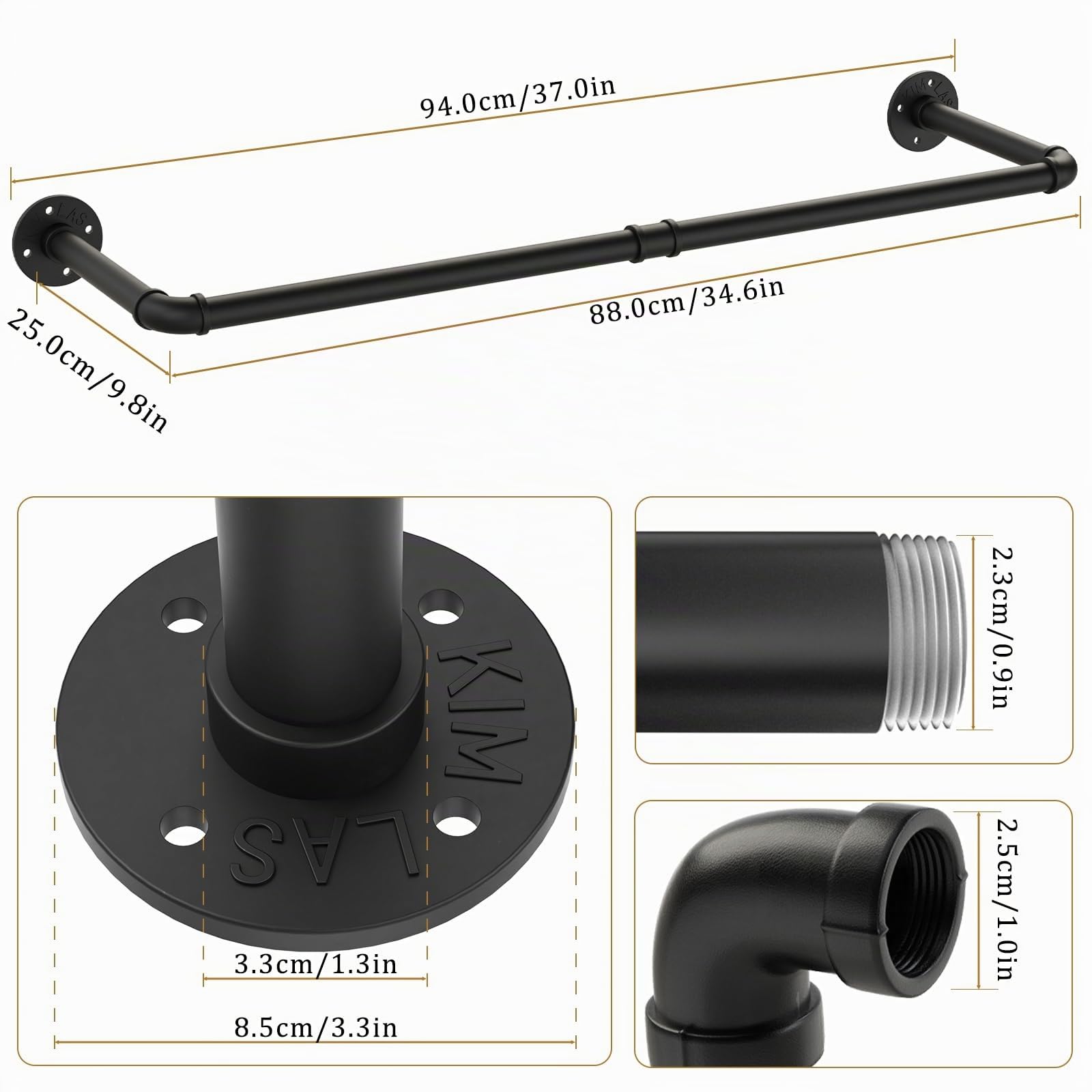 Yawinhe 94cm Attaccapanni da Muro,1 Pack Barra Appendiabiti da Parete,Nero | Appendiabiti Per Tubo Industriale;Attaccapanni da Muro Industriale, Rimovibile Appendino,per Balconi e Camere da Letto