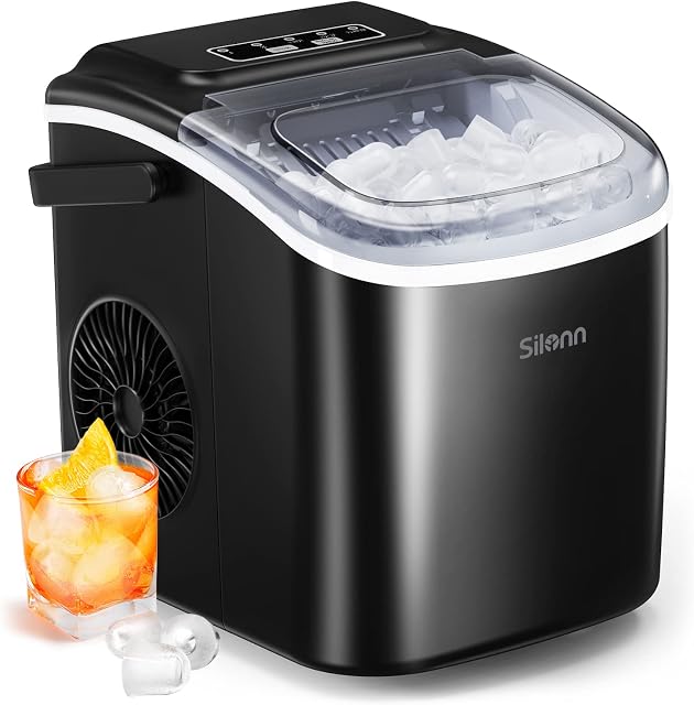 Silonn Countertop Ice Maker, 9 Cubes Ready in 6 Mins, 26lbs in 24Hrs, Self-Cleaning Ice Machine with Ice Scoop and Basket, 2 Sizes of Bullet Ice for Home Kitchen Office Bar Party, Black