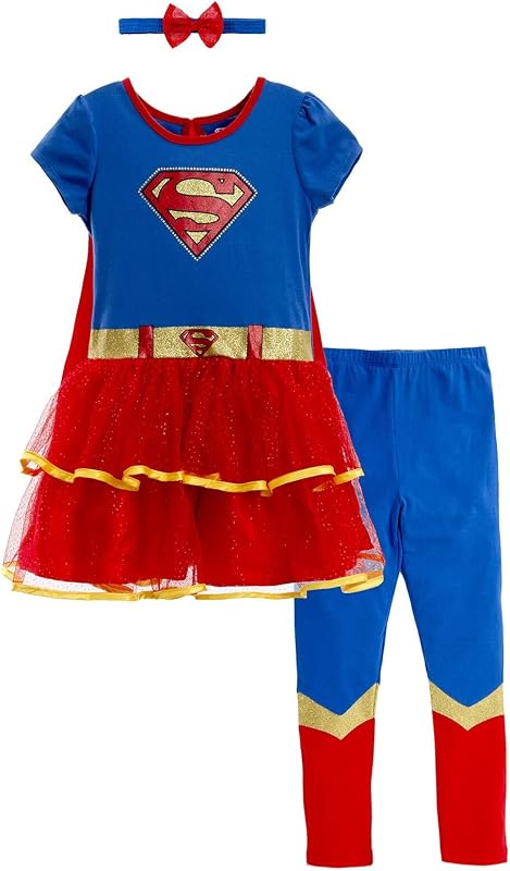 WARNER BROS Conjunto de vestido y leggings de cosplay para niñas de la Liga de la Justicia con capa para bebés y niños