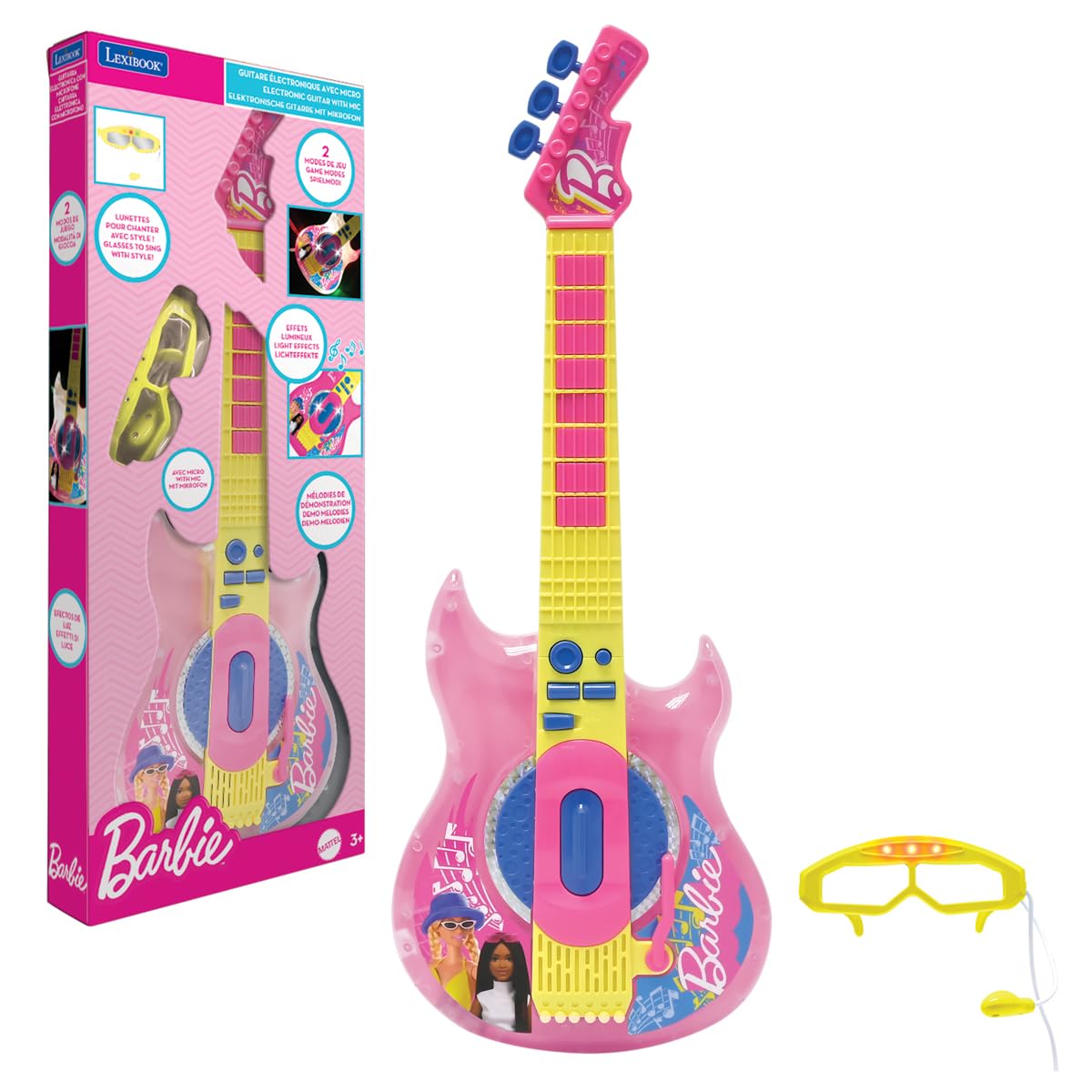 LEXIBOOK, Barbie, Electronic Guitar with Microphone and Glasses to Sing with Style, 2 Play Modes, Demo Melodies, Light Effects, Pink/Yellow, K260BBLXB