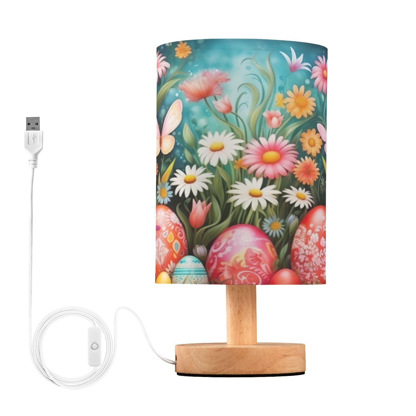 SDMKA Happy Easter Pattern Bedside Table Lamp for Bedroom, Minimalist Nightstand Lamp with Round Fabric Shade for Living Room, Office, No Bulb Required