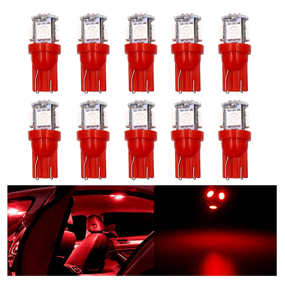 OtpOutopa 194 LED Bulb Super Bright T10 LED Bulb 5SMD 5050 Chips, 194 158 168 W5W 2825 921 501 LED Lights for Car Dome Map Trunk Light Clearance Dashboard Bulb License Plate Light Lamp (Red,10PCS)