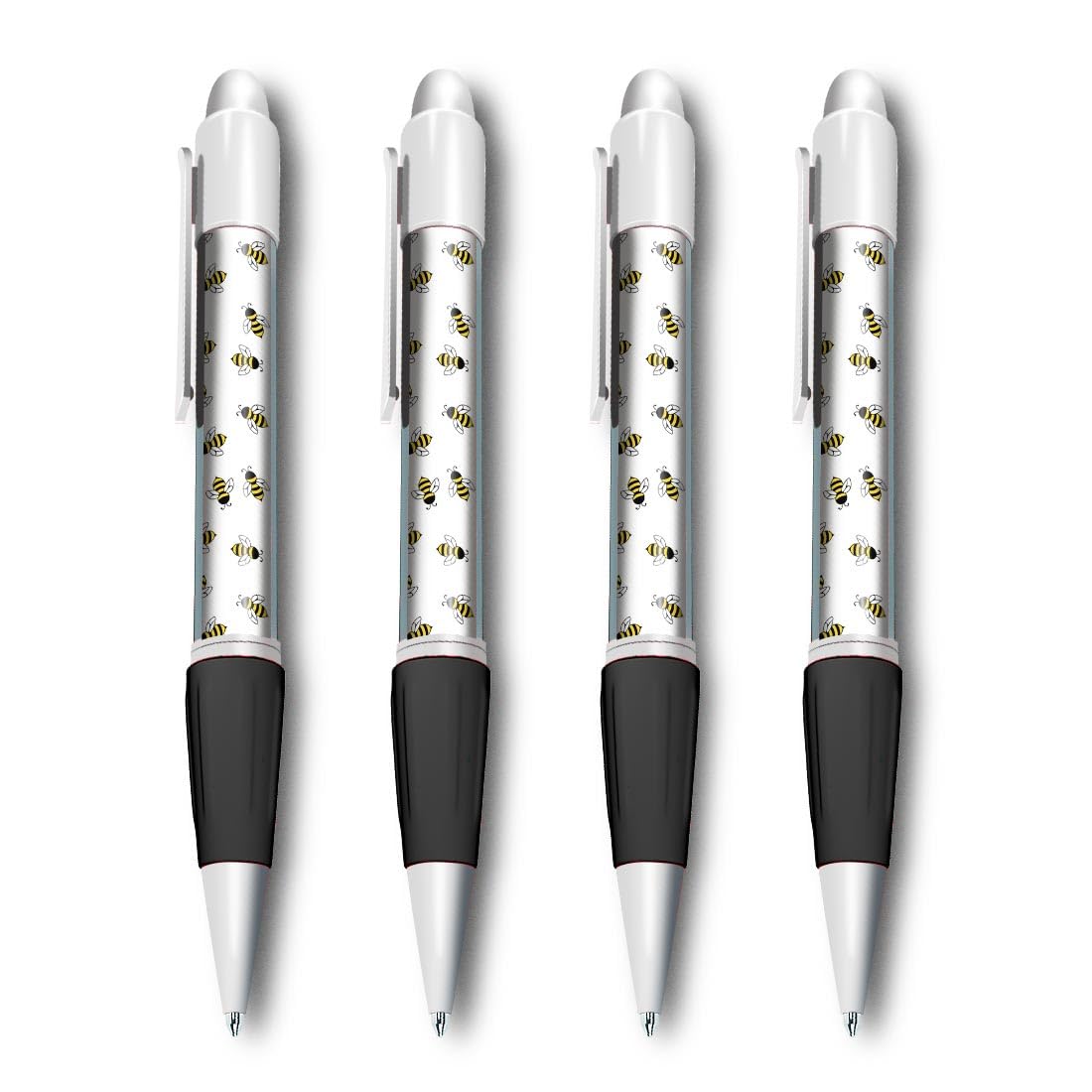 Set of 4 White Ballpoint Pens (Photo Insert) - Little Bumble Bee Pattern - Soft Feel Finger Grip #51346, 1 count (Pack of 4)