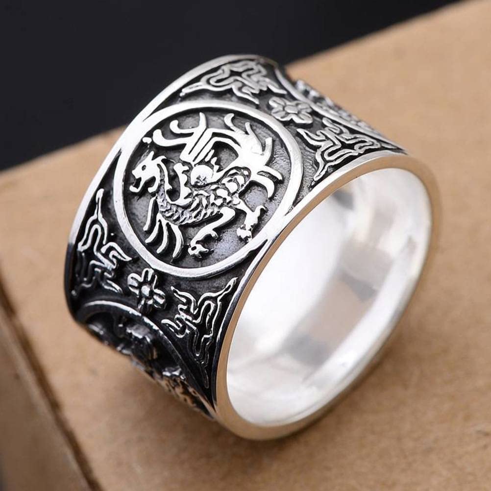 Anillo Retro S999 Plata Esterlina Plata Esterlina Cuatro Grandes Bestias Anillo Ancho Creativo Regalo de Los Hombres Anillo Dominante1, 61mm