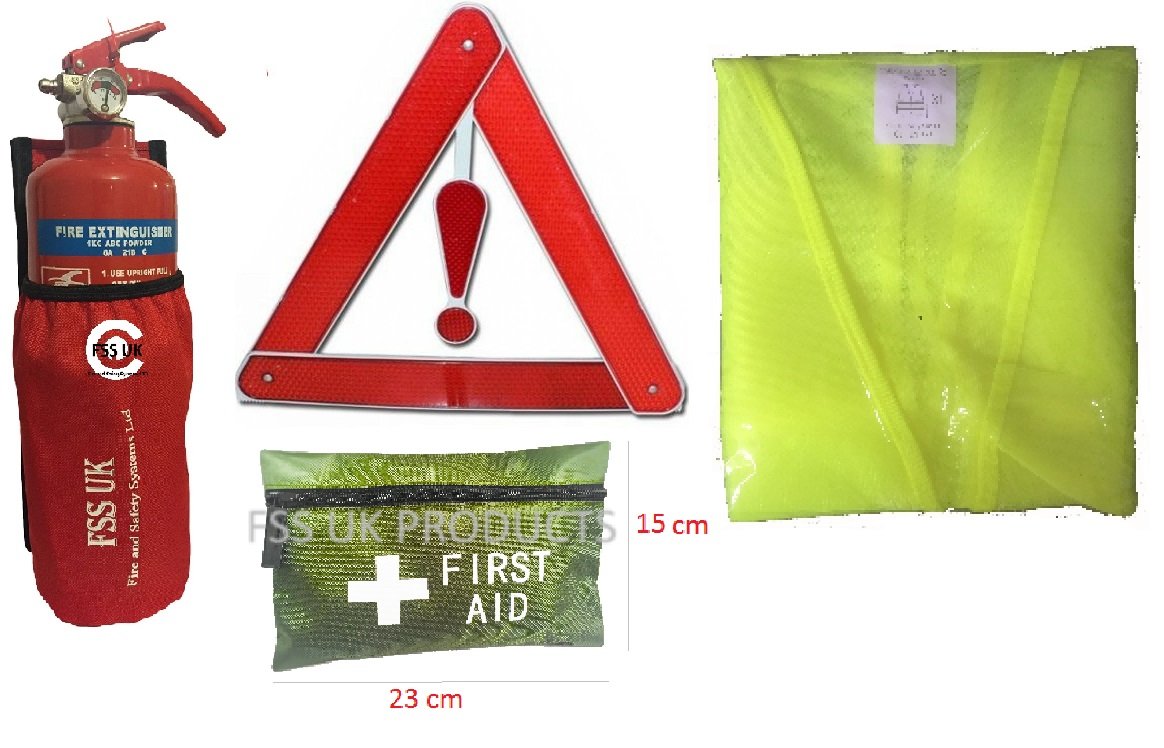 Fss Uk Car/Vehicle Safety Kit 2. Premium 1 Kg Powder Fire Extinguisher With Universal Car Holder,1St Aid Kit, Hi Viz Vest And Reflective Triangle. British Standard Kitemarked.