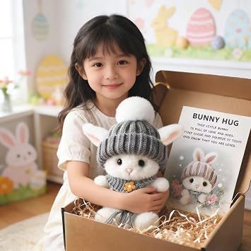 Pipihome Mini Bunny Hug Easter Gifts for Kids, Pocket Hug Rabbit Doll Toys Easter Bunny in Box, Easter Basket Stuffer Emotional Support Positive Crochet Rabbits for Kids & Adults