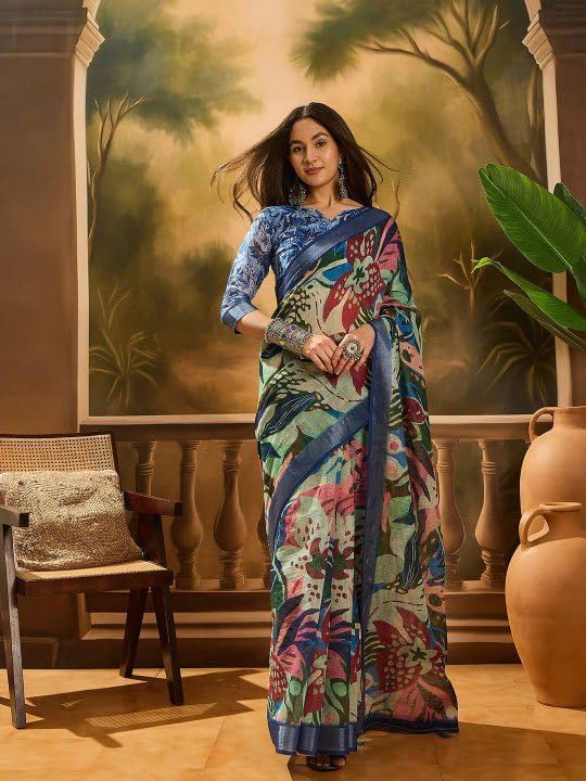 Women, Cotton Floral Print Linen Saree, Multicolor, Blue Border, Ethnic Wear for Women