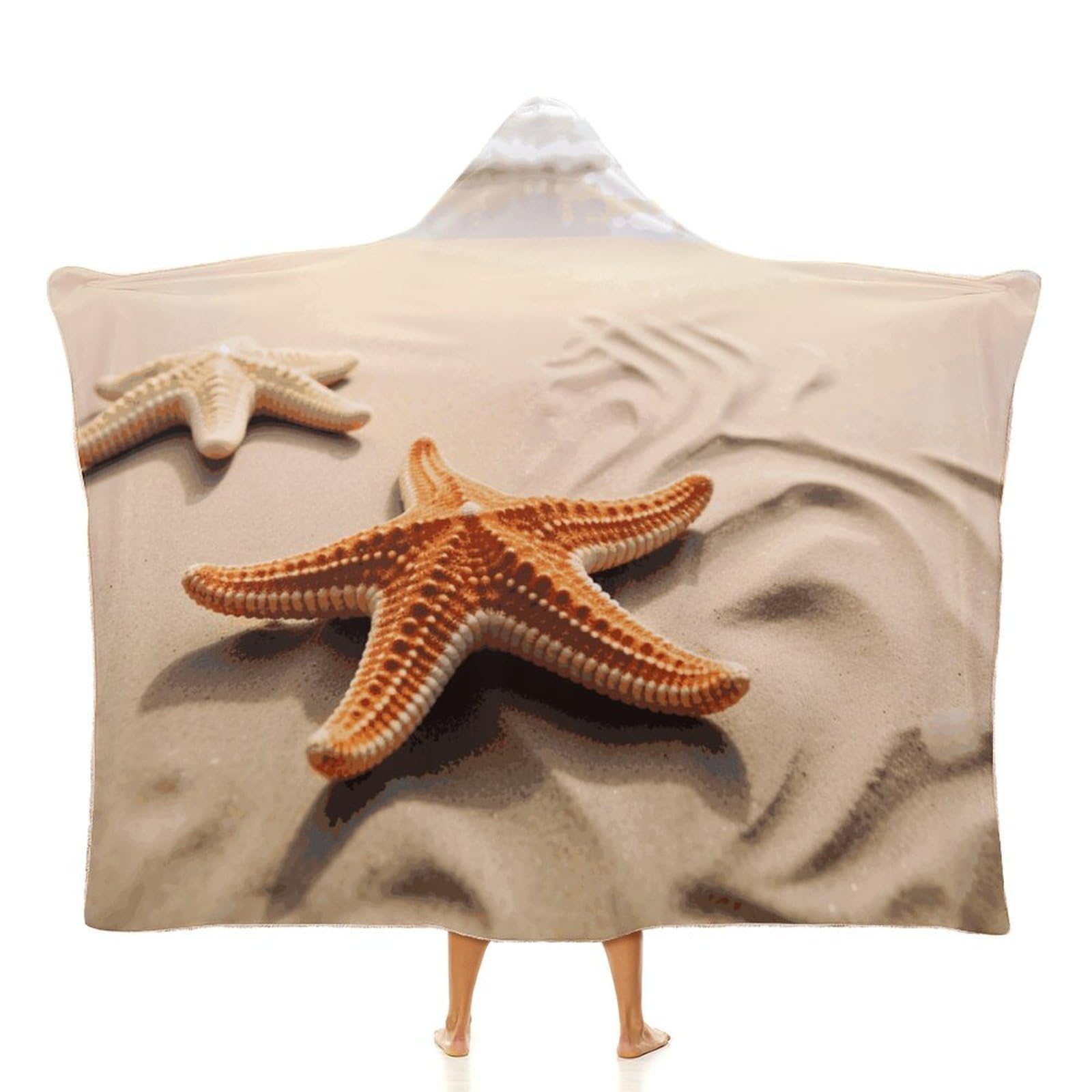 Starfish on The Sand Beach Landscape Hooded Blanket Soft Wearable Blankets Cozy Hoodie Throw Cloak Wrap Poncho Cape Blanket 50"x60"