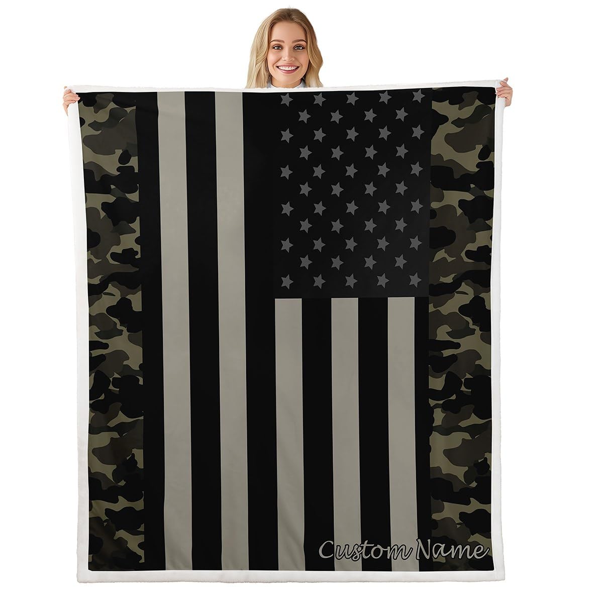 Custom American Flag Throw Blanket With Name Personalized 40"X50" Military Camo Fleece Bed Blanket For Adults Men Women,Retro Army Green Camouflage
