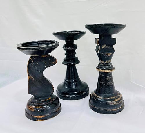 Vista 4 de Portavelas de madera negros para velas de pilar, portavelas de madera de granja, decoración de centro de mesa, portavelas con forma de piezas