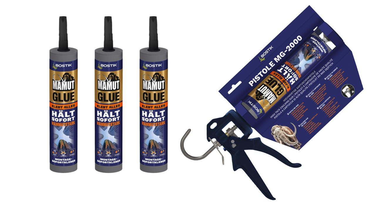 Bostik Mamut Glue Montagekleber Starter-Paket Mit Kartuschen-Pistole und 3 Montage-Kleber