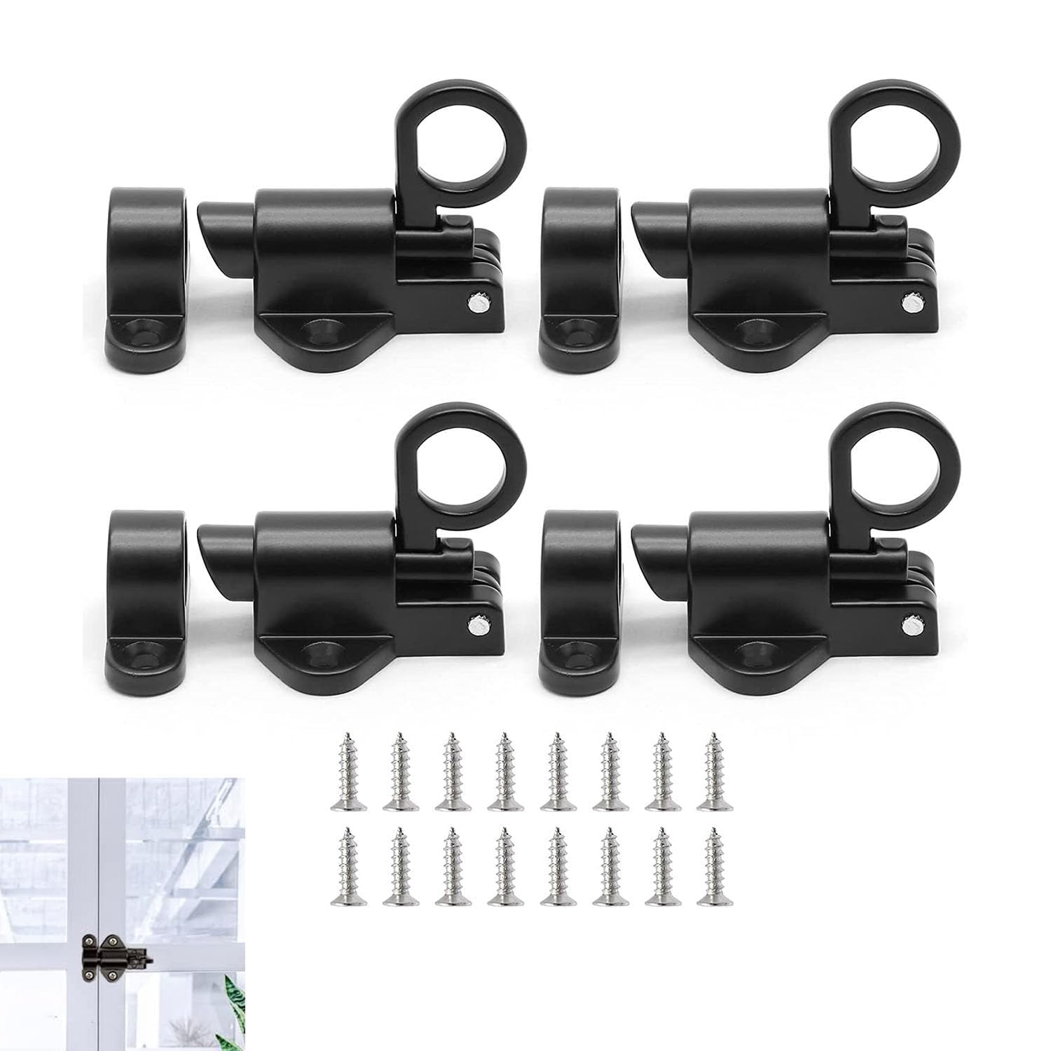 X spring Self-Closing Latch, 4 Packs Black Door Bolt Latch with 12 Mounting screws, Aluminum Alloy Safety Automatic Window Closing Latch, Self Closing Gate Latch for Gate, Window and Cabinet