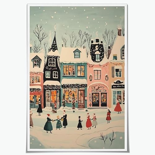 Arte retro de pared de ciudad de Navidad, póster de lienzo con texto en inglés "Hello Diciembre", pintura moderna de paisaje de invierno para el