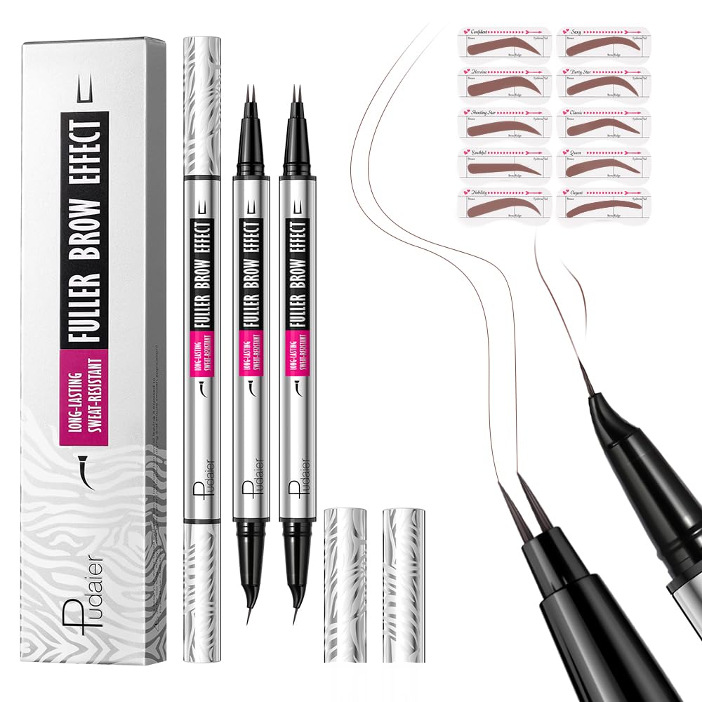 Pudaier 2 Pack 2 Fine Tip Eyebrow Pen, Waterproof Filling Faux Brow Makeup Pencils for Women with Precise Curved Brush-Tip to Fast Create Natural