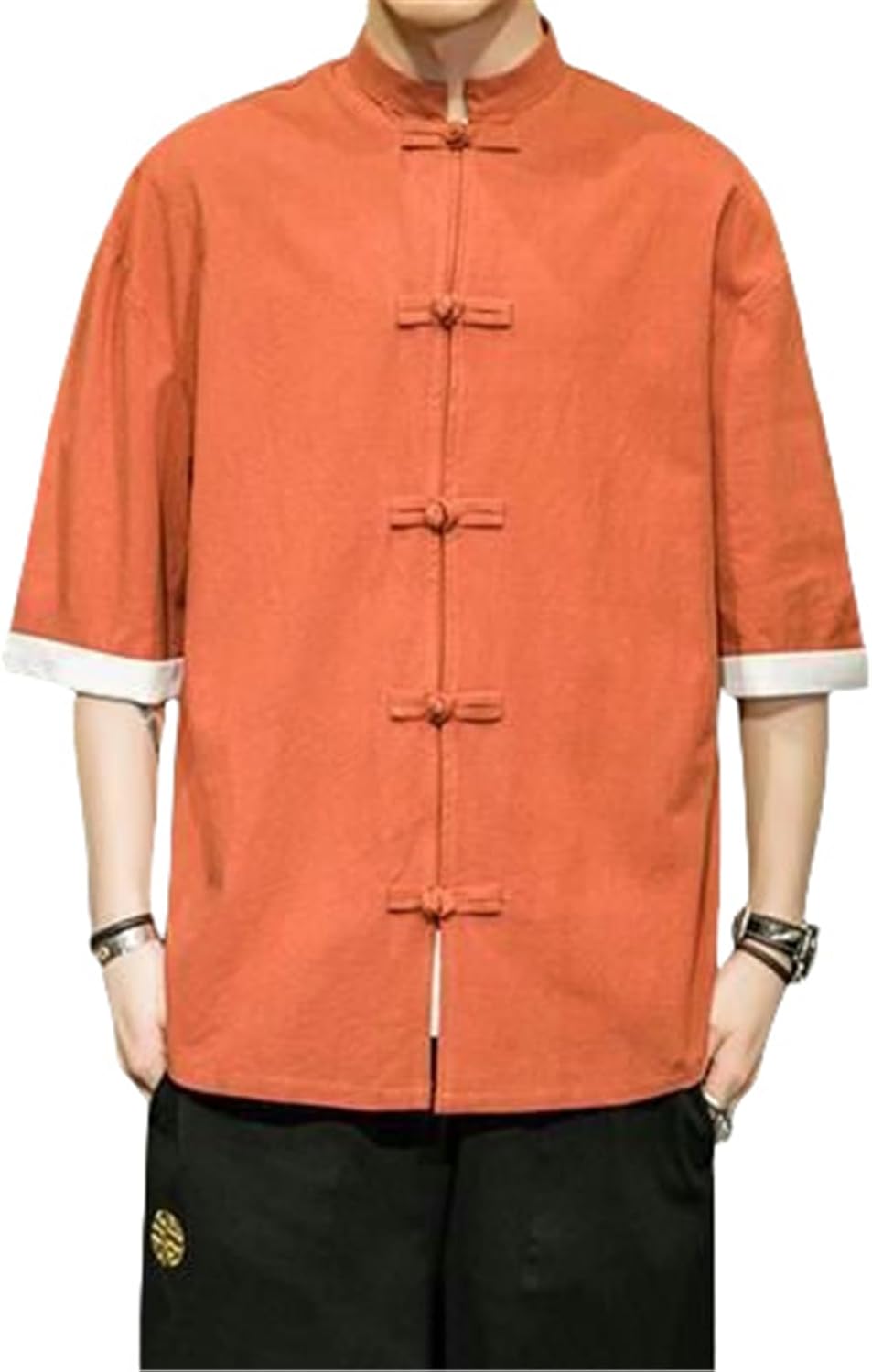 Men's Summer Retro Chinese Style Hanfu Tang Suit Cotton Linen Frog Button 3/4 Sleeve Shirt