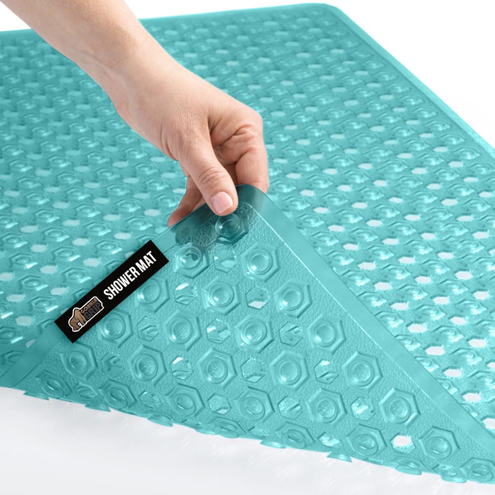 Gorilla Grip Bathtub Mats With Drain Holes And Suction Cups (Turquoise, Plastic, 35 x 16 Inches).